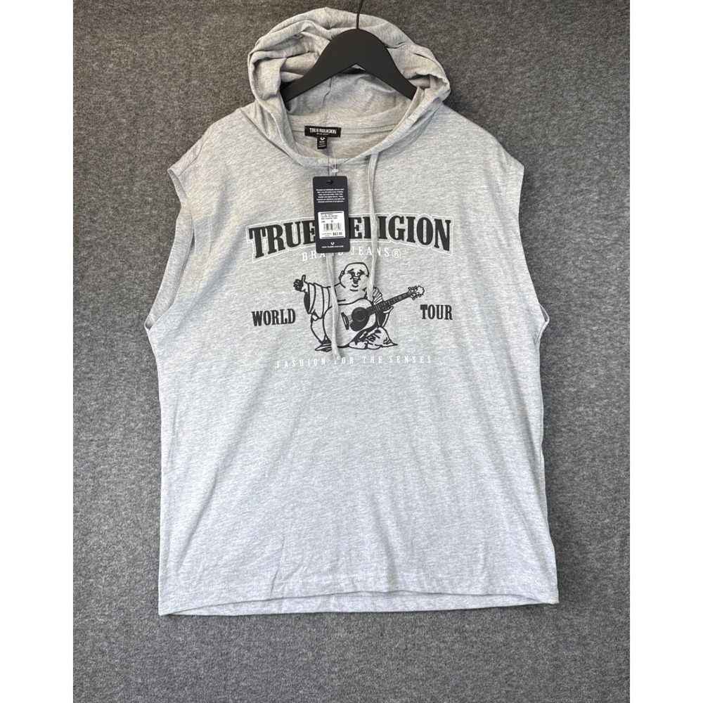 NWT True Religion Hooded Tank Men M Light Grey World Tour Buddha Sleeveless Gym